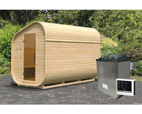 Houten barrel sauna met sauna kachel en bediening voor buiten