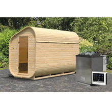 Houten barrel sauna met sauna kachel en bedieningspaneel voor buiten