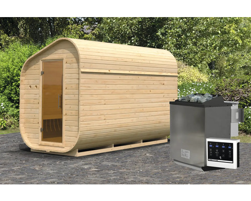 Houten barrel sauna met sauna kachel en bedieningspaneel voor buiten