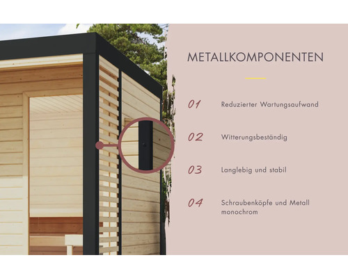 Informatie over de metalen onderdelen van het product, inclusief minder onderhoud, weerbestendigheid, lange levensduur en stabiliteit, en monochrome schroefkoppen en metaal