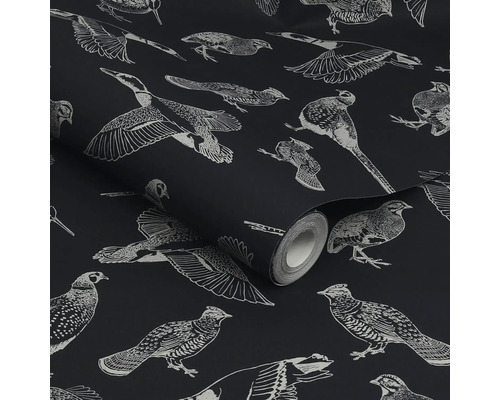 Rol behang met vogelmotief op een donkere achtergrond