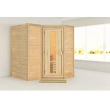 Houten sauna met glazen deur en houten rooster