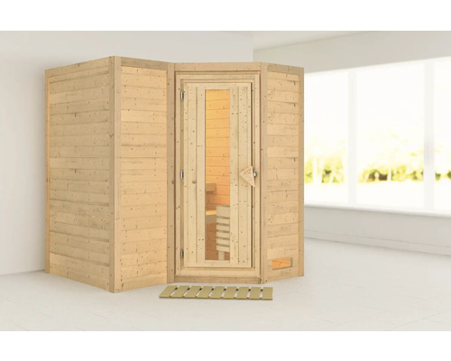 Houten sauna met glazen deur en houten rooster