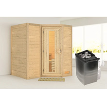 Houten sauna met kachel en saunastenen
