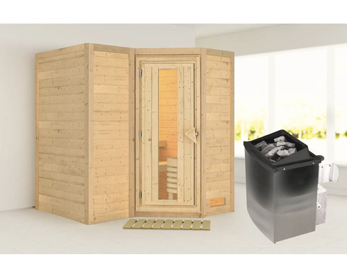 Houten sauna met kachel en saunastenen