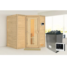 Binnensauna met houten bekleding, glazen deur, bedieningspaneel en saunakachel met stenen.