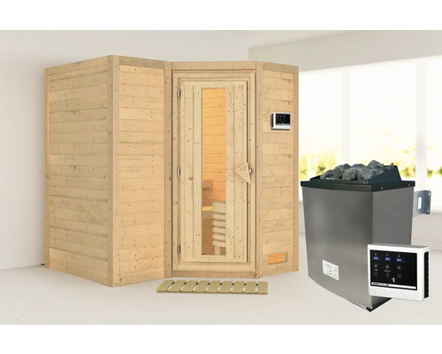 Binnensauna met houten bekleding, glazen deur, bedieningspaneel en saunakachel met stenen.