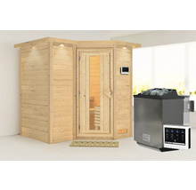 Houten sauna met kachel en bedieningselement