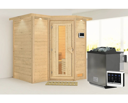 Houten sauna met kachel en bedieningselement