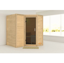 Houten sauna met glazen deur en houten rooster