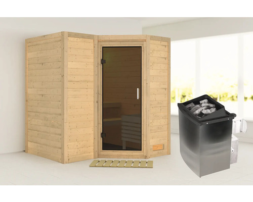 Houten sauna met glazen deur en saunakachel