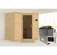 Sauna met houten bekleding, glazen deur en saunakachel