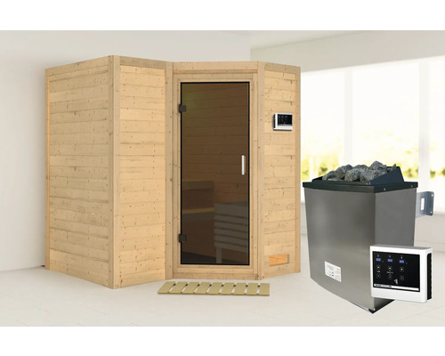 Sauna met houten bekleding, glazen deur en saunakachel