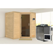 Sauna met houten bekleding, glazen deur en saunakachel