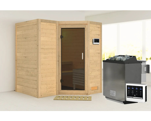 Sauna met houten bekleding, glazen deur en saunakachel