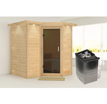 Houten sauna met glazen deur en saunakachel