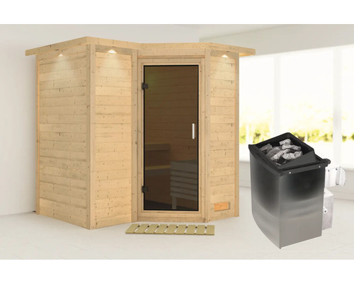 Houten sauna met glazen deur en saunakachel