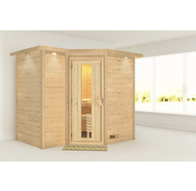Houten sauna met glazen deur en verlichting