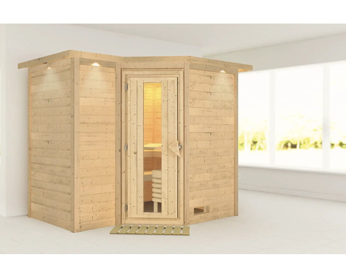 Houten sauna met glazen deur en verlichting