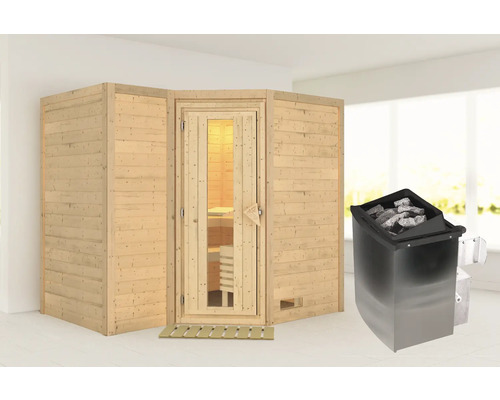 Houten sauna met kachel in de kamer
