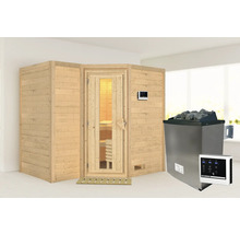 Sauna met kachel en bedieningselementen in een interieur