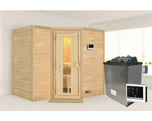 Sauna met kachel en bedieningselementen in een interieur