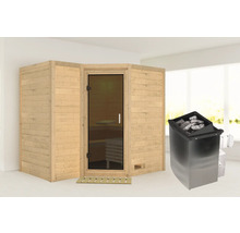Houten sauna met glazen deur en saunakachel