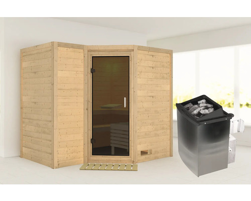 Houten sauna met glazen deur en saunakachel