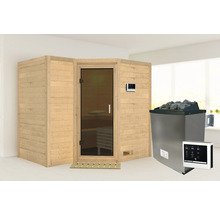 Sauna met glazen deur, bedieningselement en saunakachel