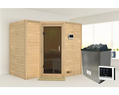 Sauna met glazen deur, bedieningselement en saunakachel
