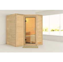 Houten sauna met glazen deur en houten rooster