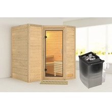 Houten sauna met glazen deur en saunakachel