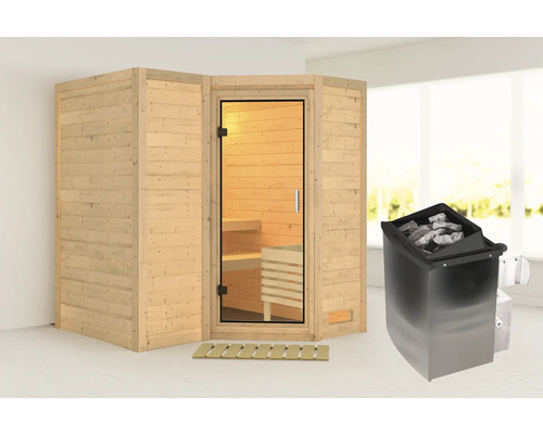 Houten sauna met glazen deur en saunakachel