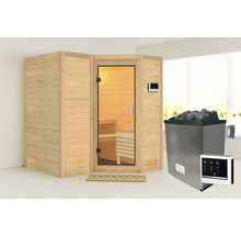 Sauna met glazen deur, saunastenen en bedieningspaneel