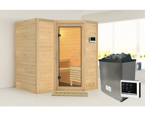 Sauna met glazen deur, saunastenen en bedieningspaneel