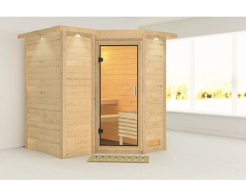 Houten sauna met glazen deur en binnenverlichting