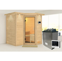 Houten sauna met glazen deur en saunakachel