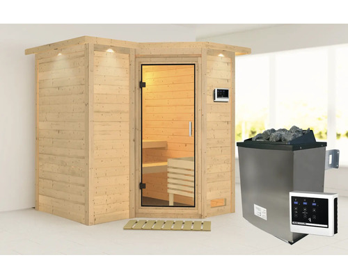 Houten sauna met glazen deur en saunakachel