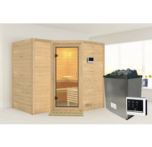 Sauna met glazen deur, stenen en kachel voor gebruik binnenshuis