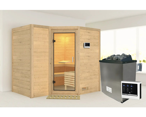 Sauna met glazen deur, stenen en kachel voor gebruik binnenshuis