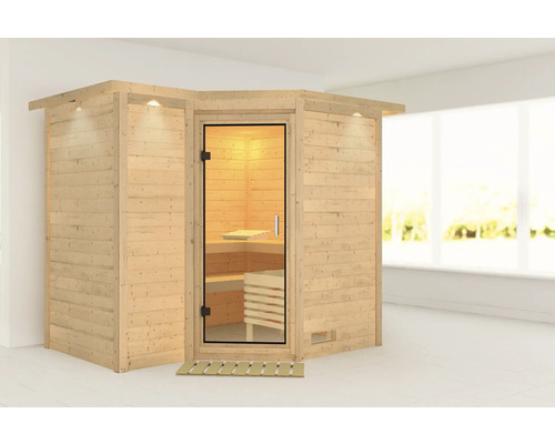 Houten sauna met glazen deur en binnenverlichting