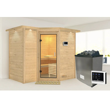 Sauna met houten bekleding, glazen deur en saunaoven