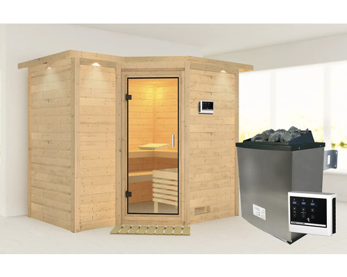 Sauna met houten bekleding, glazen deur en saunaoven