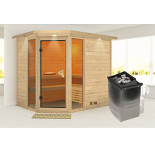 Sauna met glazen deur en saunaoven met stenen
