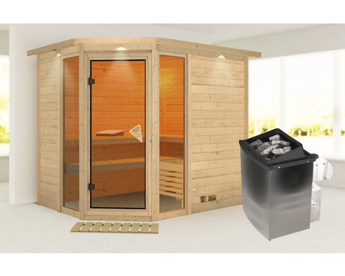 Sauna met glazen deur en saunaoven met stenen