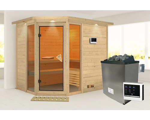 Houten sauna met glazen deur en saunakachel