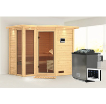 Houten sauna met glazen deur en saunakachel