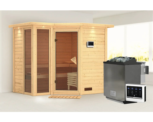 Houten sauna met glazen deur en saunakachel