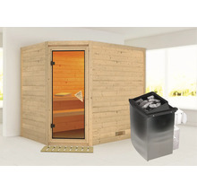 Houten sauna met glazen deur en saunakachel