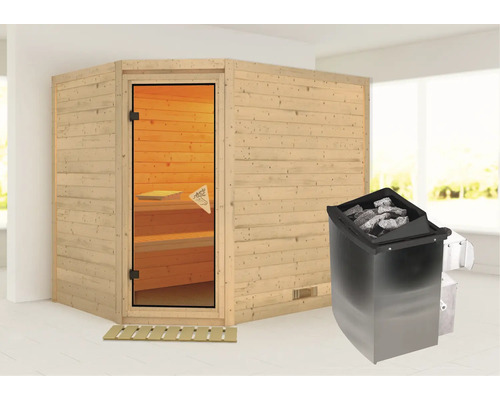 Houten sauna met glazen deur en saunakachel